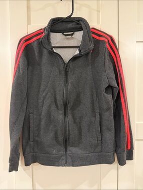 Adidas Women's Charcoal Gray Zip-Up Jacket with Red Stripe Detail